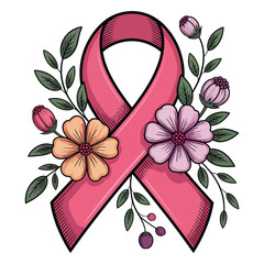 Breast Cancer Awareness Pink Ribbon Vector Illustration, Hope Symbol with Hand-Drawn Floral Design