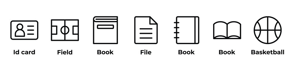 From ID Cards to Fields Icons set vector illustration with Id card, Field, Book, File, Book, Book, Basketball