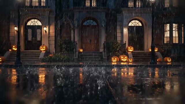 halloween street empty under heavy rain, luxury townhouses in the background while glowing pumpkins cast eerie reflections across storm soaked pavement, moody cinematic urban scene