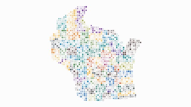 Wisconsin animated shape. Pulsating colored dots on the map of the state. Small size rounded square blocks. Digital style Wisconsin map on white background. Amazing animation video.