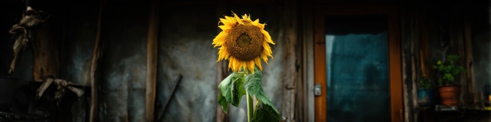 Sunflower in rustic setting with wooden walls and natural light