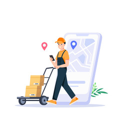 Delivery man pushing a cart full of cardboard boxes delivering packages to a customer's doorstep