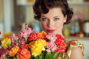 Naklejka premium vibrant image of beautiful homemaker with blooms