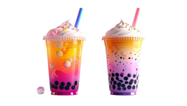 Refreshing 3D Bubble Tea Duo with Pearls, Isolated on Transparent Background - Powered by Adobe