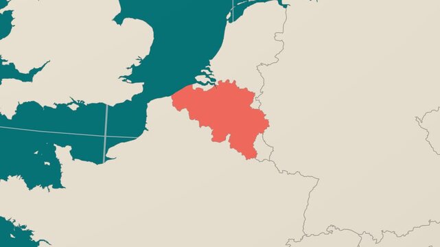 Belgium map. Animated zoom into the country on the Globe in Teal Pale Mint color palette. Country logo animation. Map with meridians, parallels. Modern video.