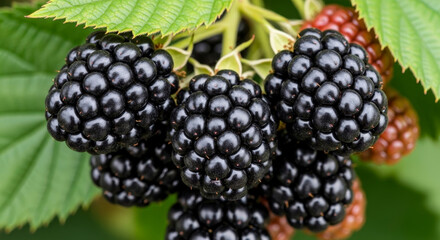 Fresh Ripe Blackberries Hanging on a Bush With Green Leaves