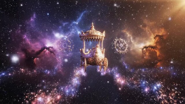 Ornate golden chariot floating in a vibrant cosmic universe