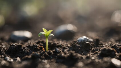 A lone seedling emerges from dark soil, illuminated by soft sunlight, shallow focus