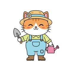 Fototapeta premium Cute Cartoon Cat Gardening Vector Illustration