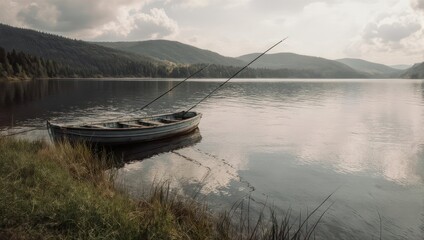Obraz premium A lone rowboat rests near grassy shore of a calm lake with trees and mountains in background