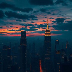 Obraz premium Cityscape at Dusk: Iconic skyscrapers reach towards a dramatic sky at dusk, their silhouettes defined against the vibrant hues of sunset and twilight.