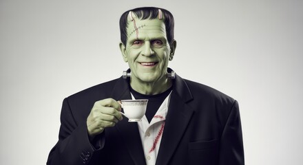 A man dressed as Frankenstein holding a teacup with a white background.