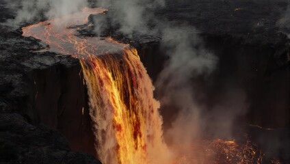 Fototapeta premium A fiery river of molten rock cascades down a cliff, creating a mesmerizing display of nature