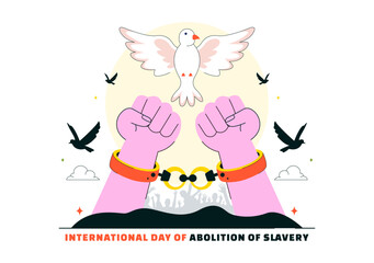 International Day for the Abolition of Slavery Illustration on December 2, Featuring Handcuffs, Broken Chains, and Flying Pigeons in a Background