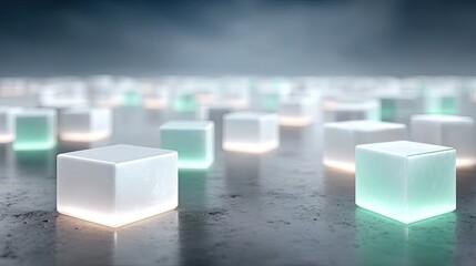 Glowing Blockchain Cubes Futuristic Holographic Design on Concrete Surface