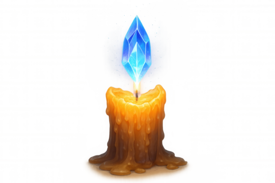 Fantasy candle with glowing blue crystal flame casting magical light, creating mystical atmosphere on transparent background