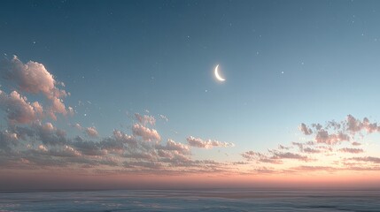Glowing Crescent Moon with Scattered Stars and Pink Tinted Clouds in Serene Night Sky