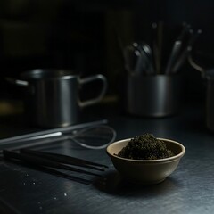 a professional kitchen; a stainless steel counter holds a bowl of glistening caviar, with a chef's tweezers and other kitchen tools slightly out of focus in the background.