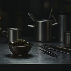 a professional kitchen; a stainless steel counter holds a bowl of glistening caviar, with a chef's tweezers and other kitchen tools slightly out of focus in the background.