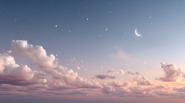 Glowing Crescent Moon in Starry Night Sky with Dreamy Clouds and Soft Light Pastel Color Background