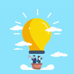 Businessman Flying on Air Balloon with Light Bulb. Male Character Looking through spyglass in search of creative idea. Business Vision Concept. Vector illustration