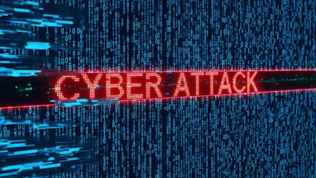 A simple visualization of a widespread cyber attack, illustrating digital data disruption and network security challenges with abstract binary code