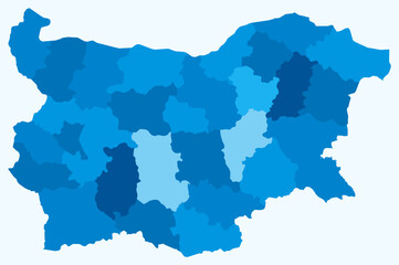 Fototapeta premium Map of Bulgaria with regions. Just a simple country border map with region division. Light blue color palette. Flat Republic of Bulgaria shape with administrative division. Vector illustration.