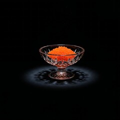 A single, dramatic spotlight illuminates a crystal caviar server on a dark, velvet-covered surface, creating deep shadows and highlighting the jewel-like quality of the roe