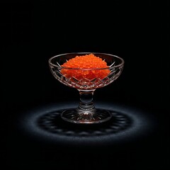 A single, dramatic spotlight illuminates a crystal caviar server on a dark, velvet-covered surface, creating deep shadows and highlighting the jewel-like quality of the roe