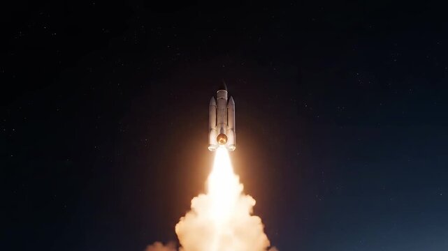 Rocket taking off into space at night with fiery engine