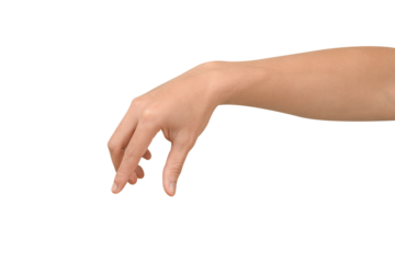 Close-up of a beautiful hand gesturing to pick up or hold a small, invisible object. Isolated on a transparent PNG.