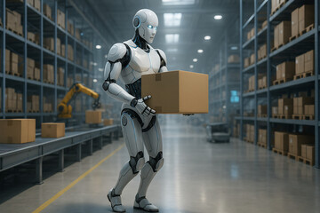 Humanoid Robot Delivering Parcel in Futuristic Automated Warehouse