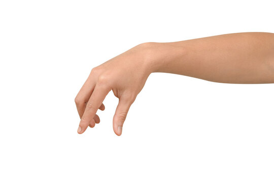 Close-up of a beautiful hand gesturing to pick up or hold a small, invisible object. Isolated on a transparent PNG.
