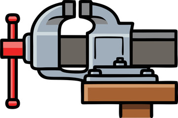 Cartoon Bench Vise with Red Handle and Wooden Base, Ready for Work