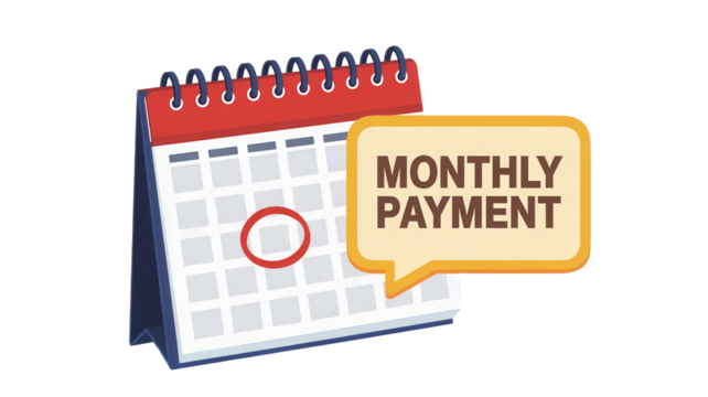 Calendar with a circled date and a speech bubble indicating monthly payment concept for finance and budgeting