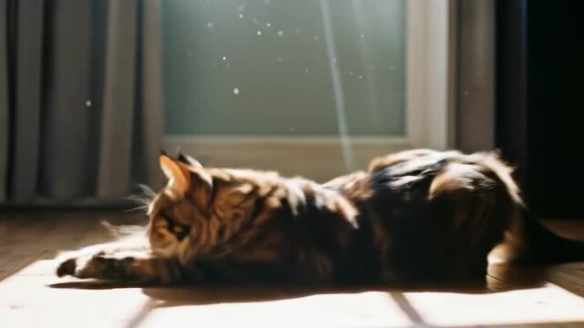 Cat walking on wooden floor in sunlight domestic pet animal