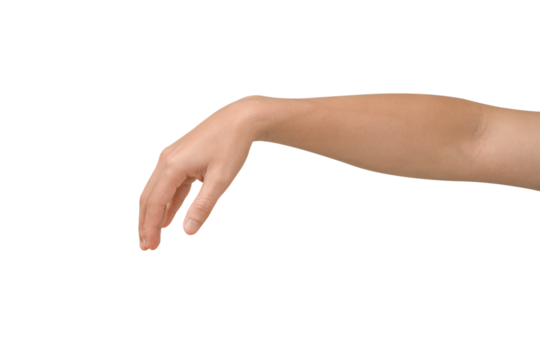 Close-up of a beautiful hand gesturing to pick up or hold a small, invisible object. Isolated on a transparent PNG.