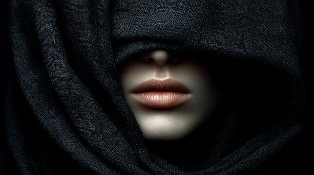 Mysterious portrait of a person with covered eyes wearing a dark hooded fabric, only lips and part of the face visible, dramatic low-key lighting creating a secretive and enigmatic atmosphere