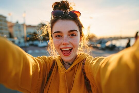 young woman outdoors capturing a selfie - Powered by Adobe