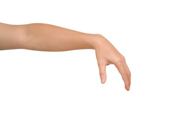 Close-up of a beautiful hand gesturing to pick up or hold a small, invisible object. Isolated on a transparent PNG.