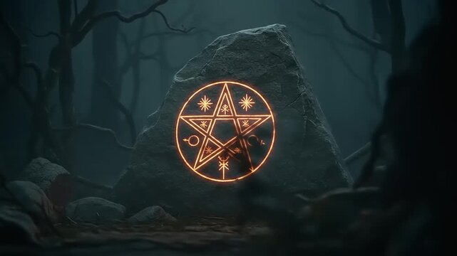 Mysterious stone with glowing pentagram in dark forest