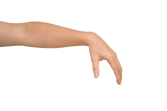 Close-up of a beautiful hand gesturing to pick up or hold a small, invisible object. Isolated on a transparent PNG. - Powered by Adobe