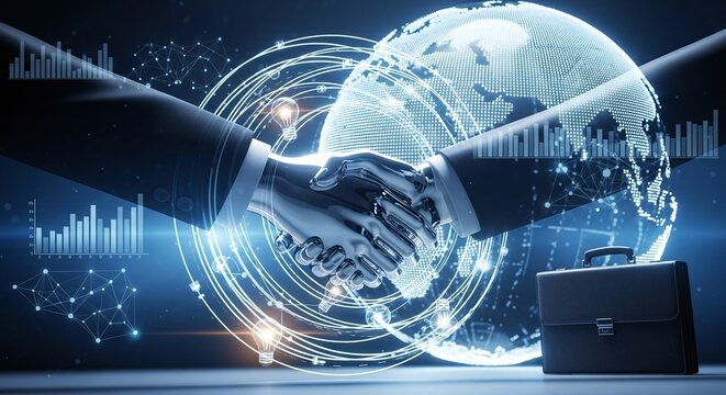 Sleek Metallic Robot Handshake with Global Network Connections