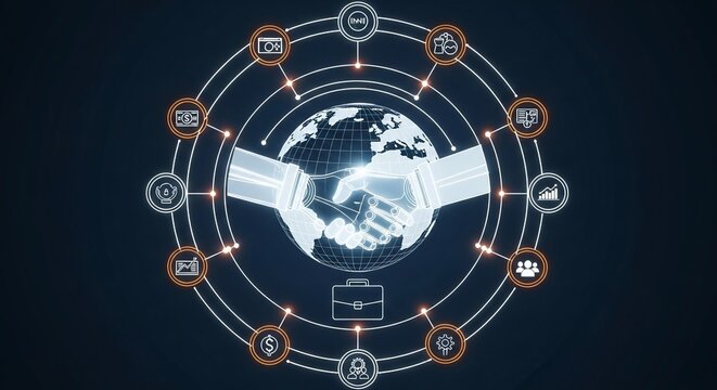 Global Business Partnership Network with Handshake and Icons