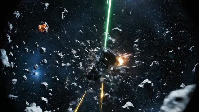 Spaceship battling in space amid asteroids with laser blasts