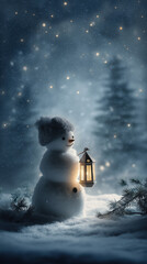 Fototapeta premium Snowman holding lantern under twinkling stars, evergreen silhouettes and drifting snow sparkles