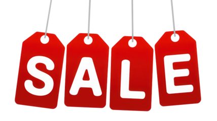 Four bright red hanging sale tags with white lettering spelling out the word sale 