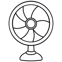 A simple black and white line drawing of a desk fan with a circular frame and curved blades inside it