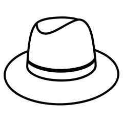 Illustration of a white fedora hat with a black band and brim on a white background in outline style