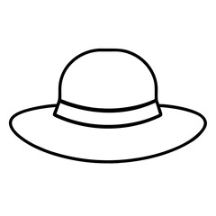 A simple line drawing of a sun hat with a wide brim and a band around the crown in black and white style